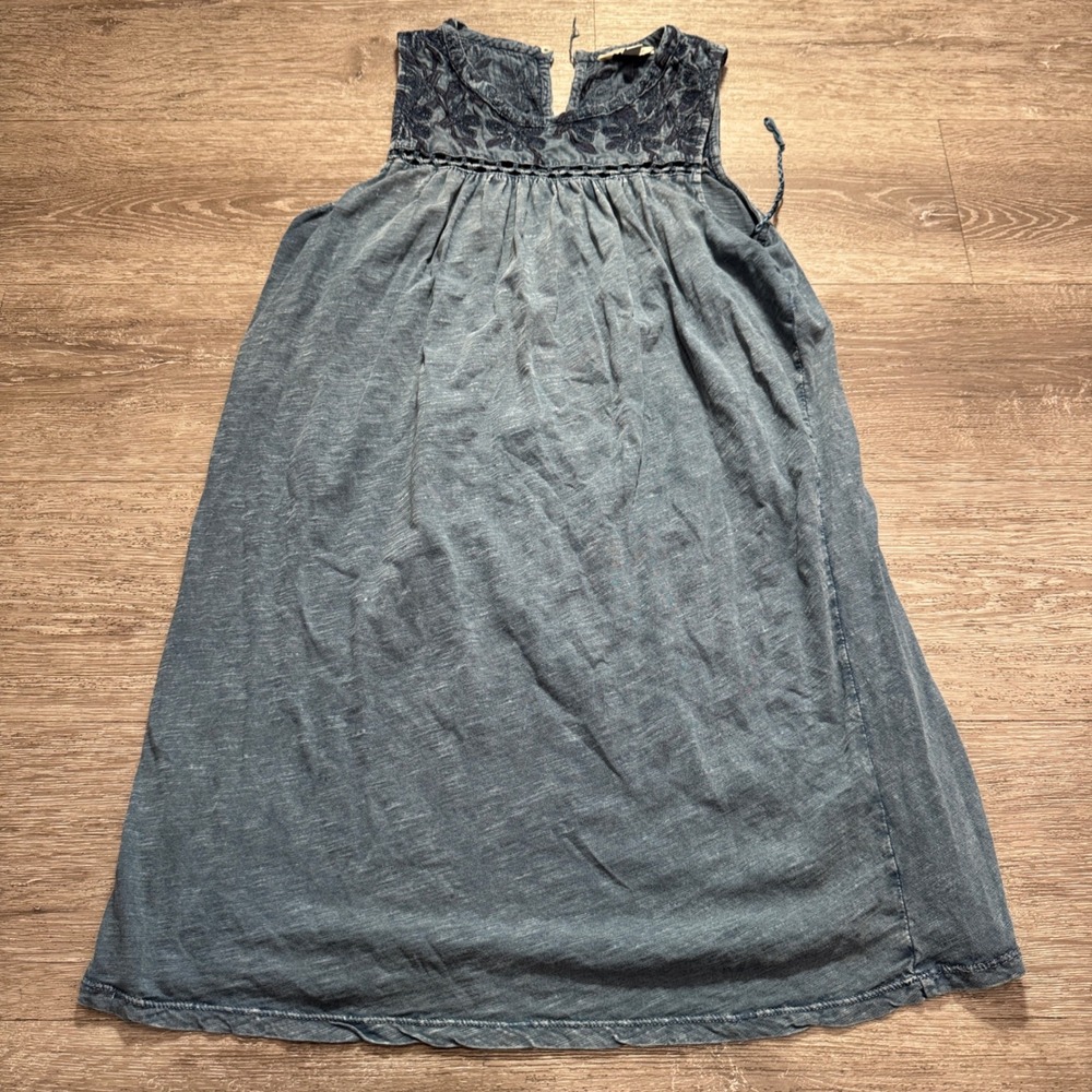 Lucky Brand Dress Womens M Blue Denim Cotton Embroidered Boho Sleeveless Shift